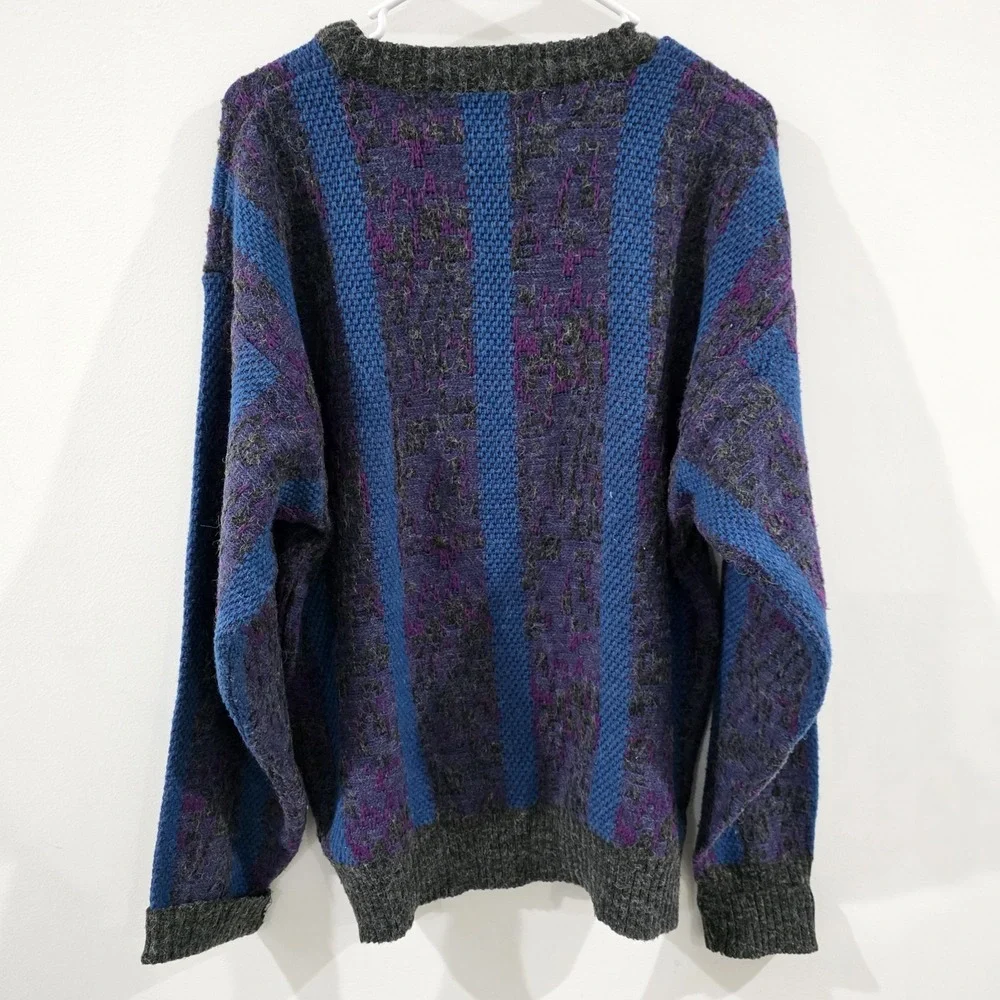 Vintage Mens Cosby Sweater Size XL Purple Blue Knit Retro Striped‎ Crew Neck